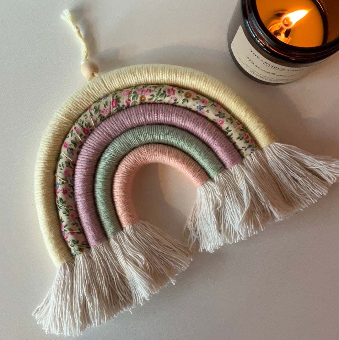 Handmade Macrame Rainbow, Small Pastel Floral Yellow