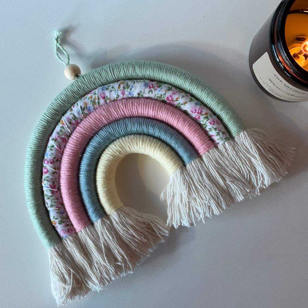 Handmade Macrame Rainbow, Small Pastel Floral Green