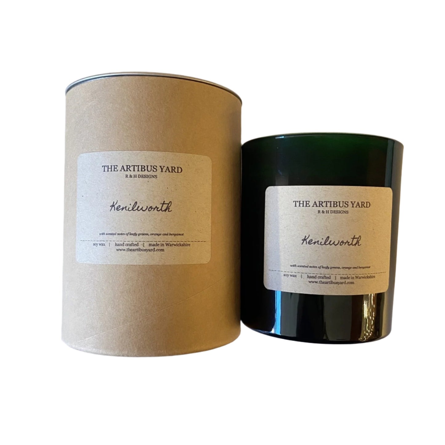 Hand-poured Limited Edition Kenilworth soy wax candle by The Artibus Yard, featuring notes of leafy greens, bergamot and orange; crafted in small batches in Warwickshire and poured into an emerald glass jar.