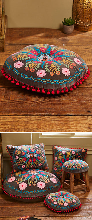 Embroidered Velvet Filled Round Cushion