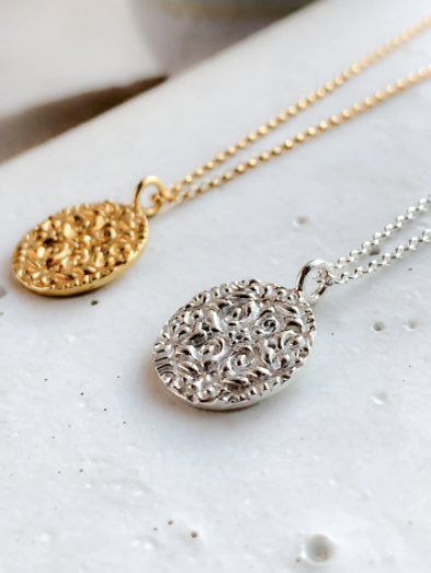 Myleti, Handmade Vintage Embossed Coin Pendant Necklace, Silver