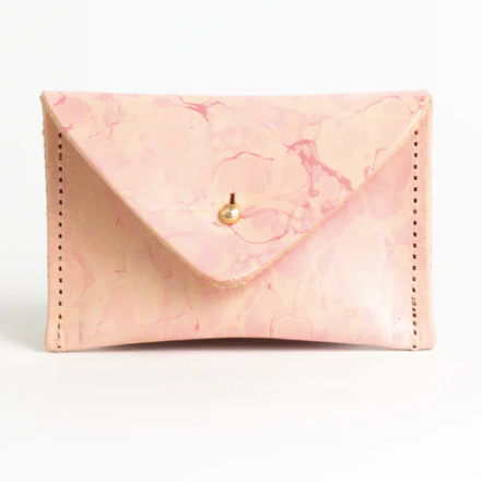 Handmade Leather Mini Envelope Purse, Pink Marble