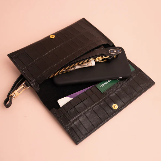 Handmade Leather Minimal Pochette Purse, Black Textured