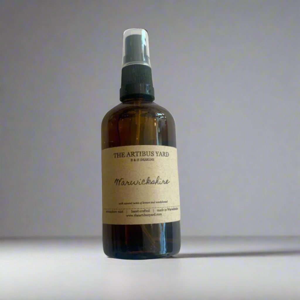 Warwickshire atmosphere mist by The Artibus Yard, featuring cedarwood and eucalyptus notes in a sleek spray bottle.