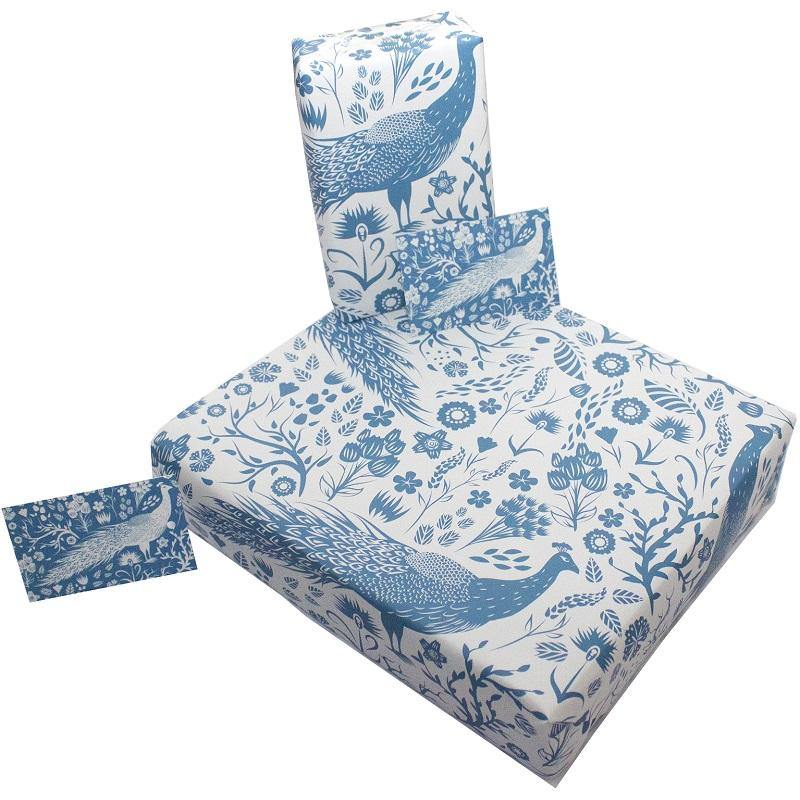 WRAPPING PAPER SHEET, BLUE PEACOCKS