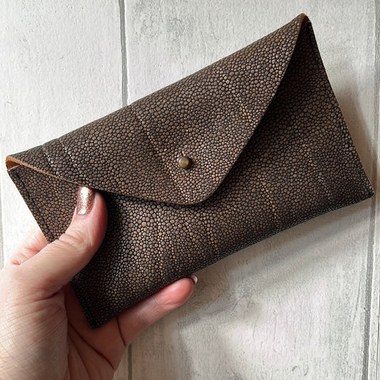 Handmade Leather Midi Envelope Purse, Dark Brown Textured