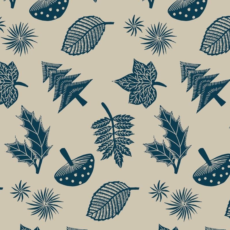Christmas Wrapping Paper Sheet, Linocut Leaves