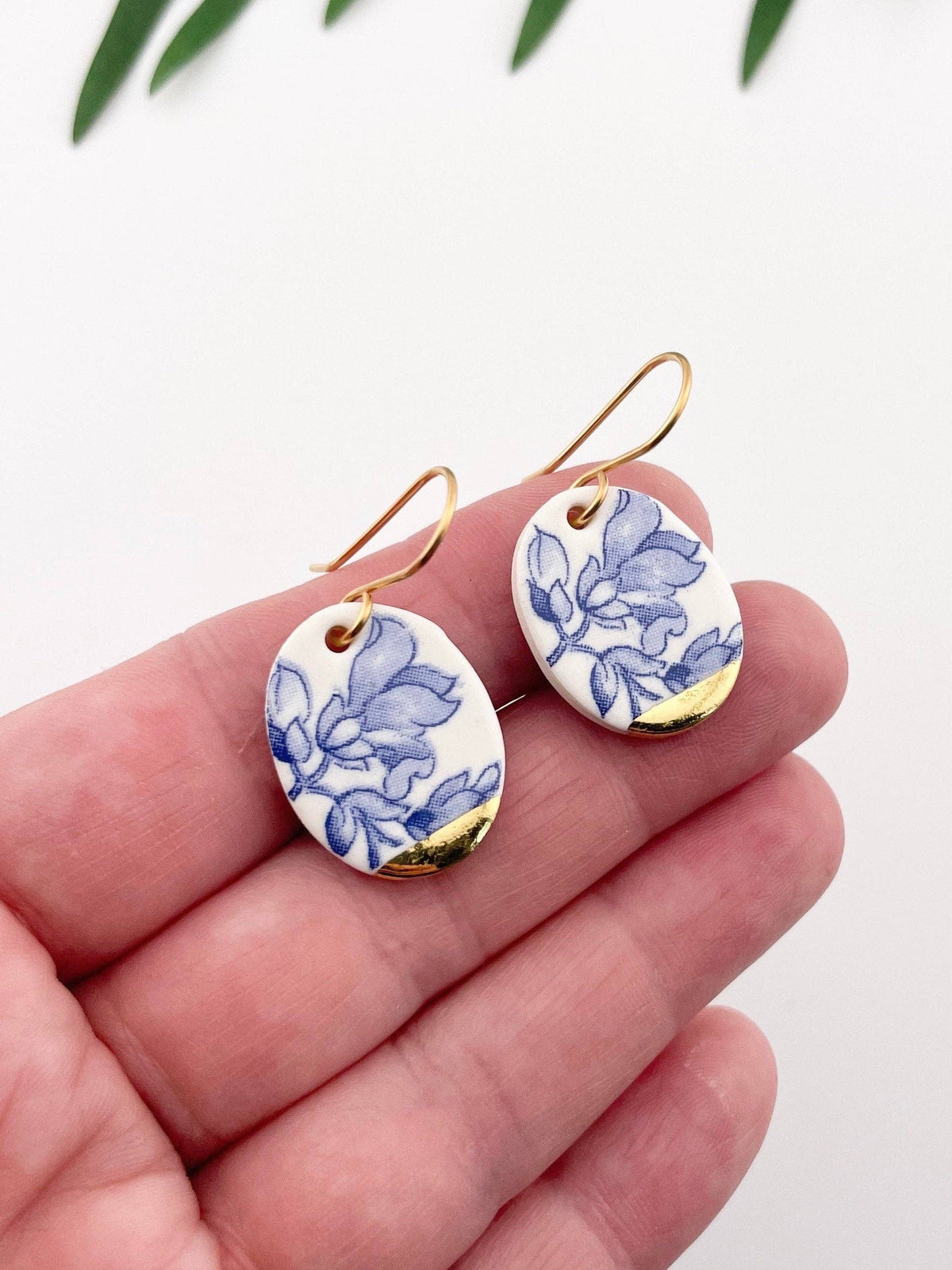 Vintage Blue Delft Porcelain Oval Dangle Earrings