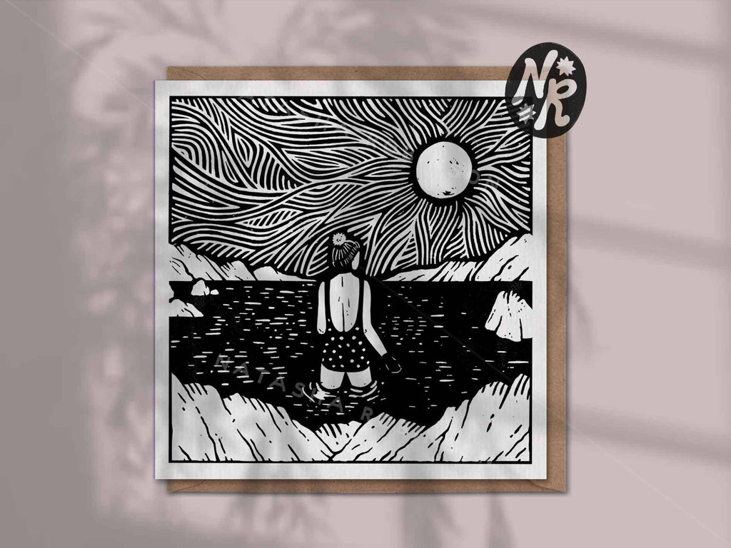 Wild Sea Swim Lino Square Greetings Card