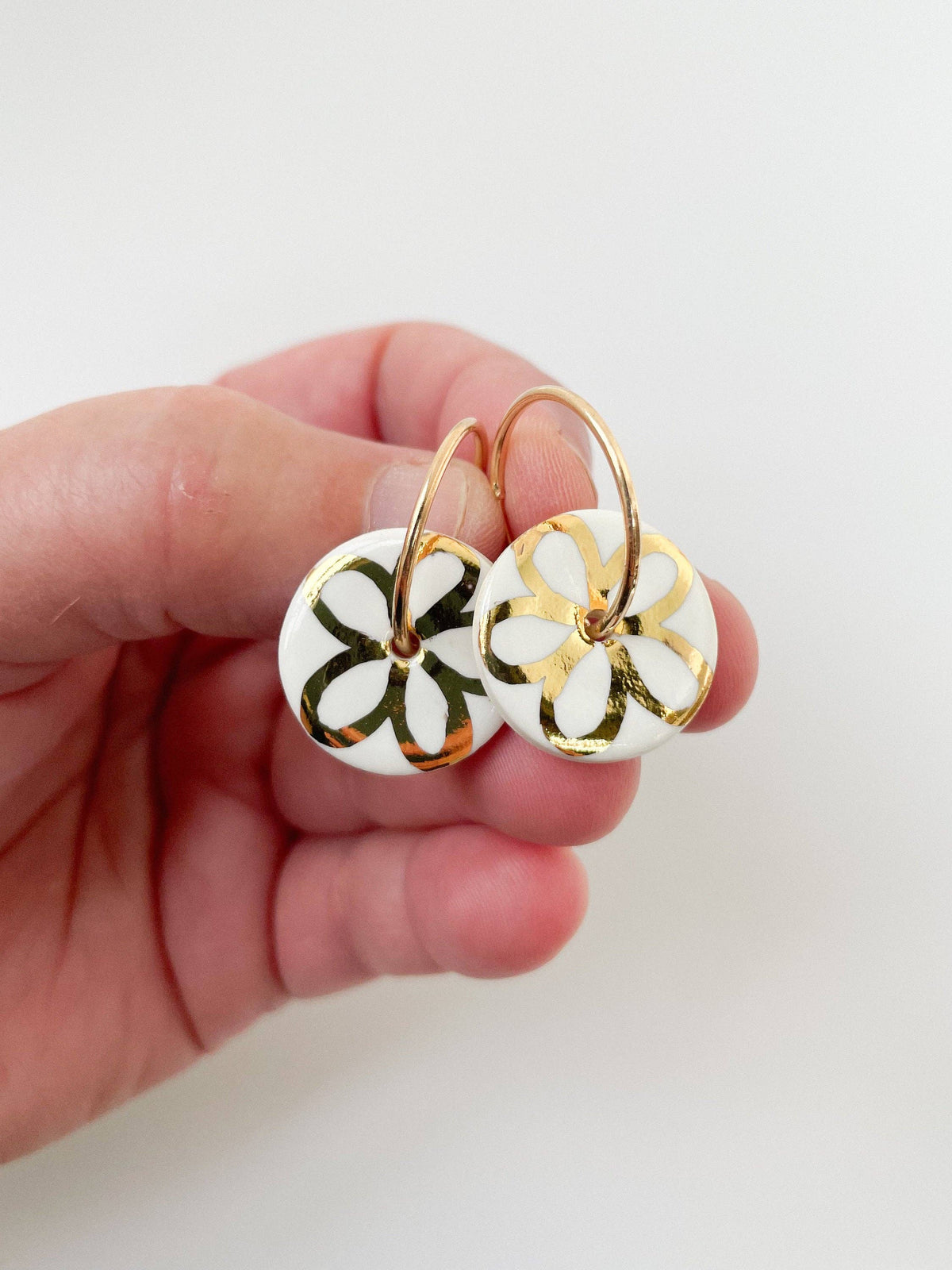 White Porcelain Gold Flower Hoop Earrings