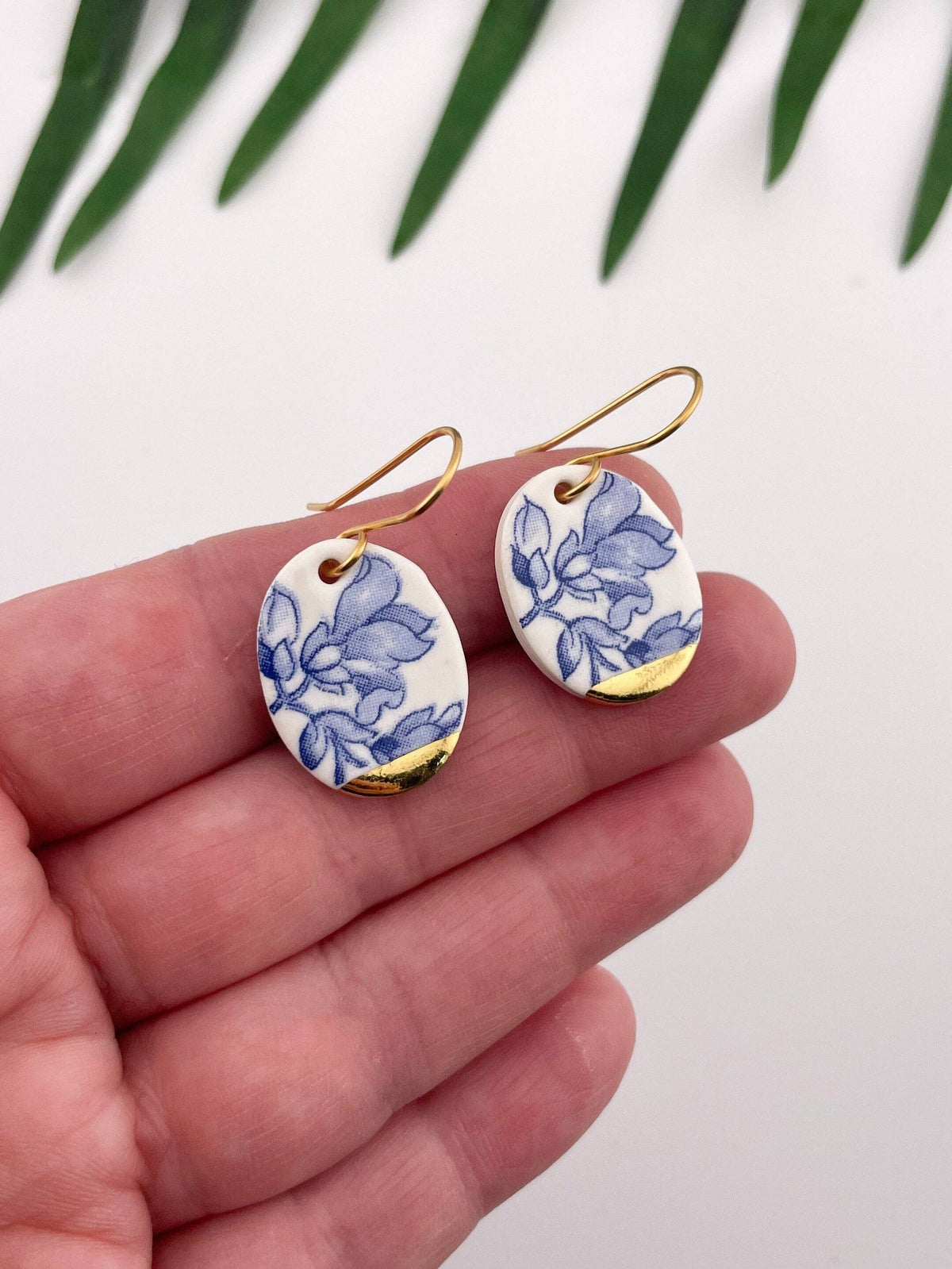 Vintage Blue Delft Porcelain Oval Dangle Earrings