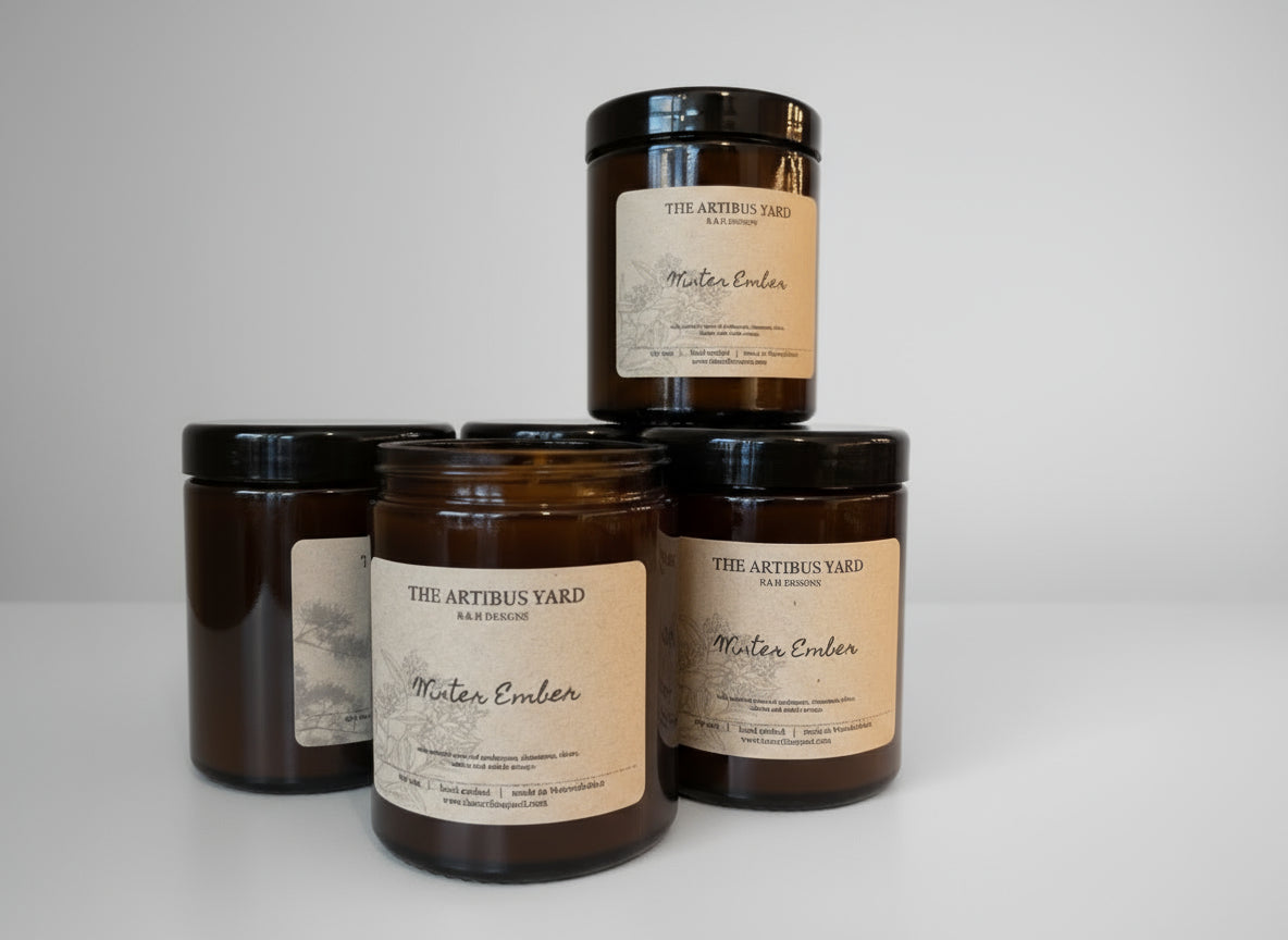 Four candles labeled 'Winter Ember' from 'The Artirus Yard' on a wooden surface.