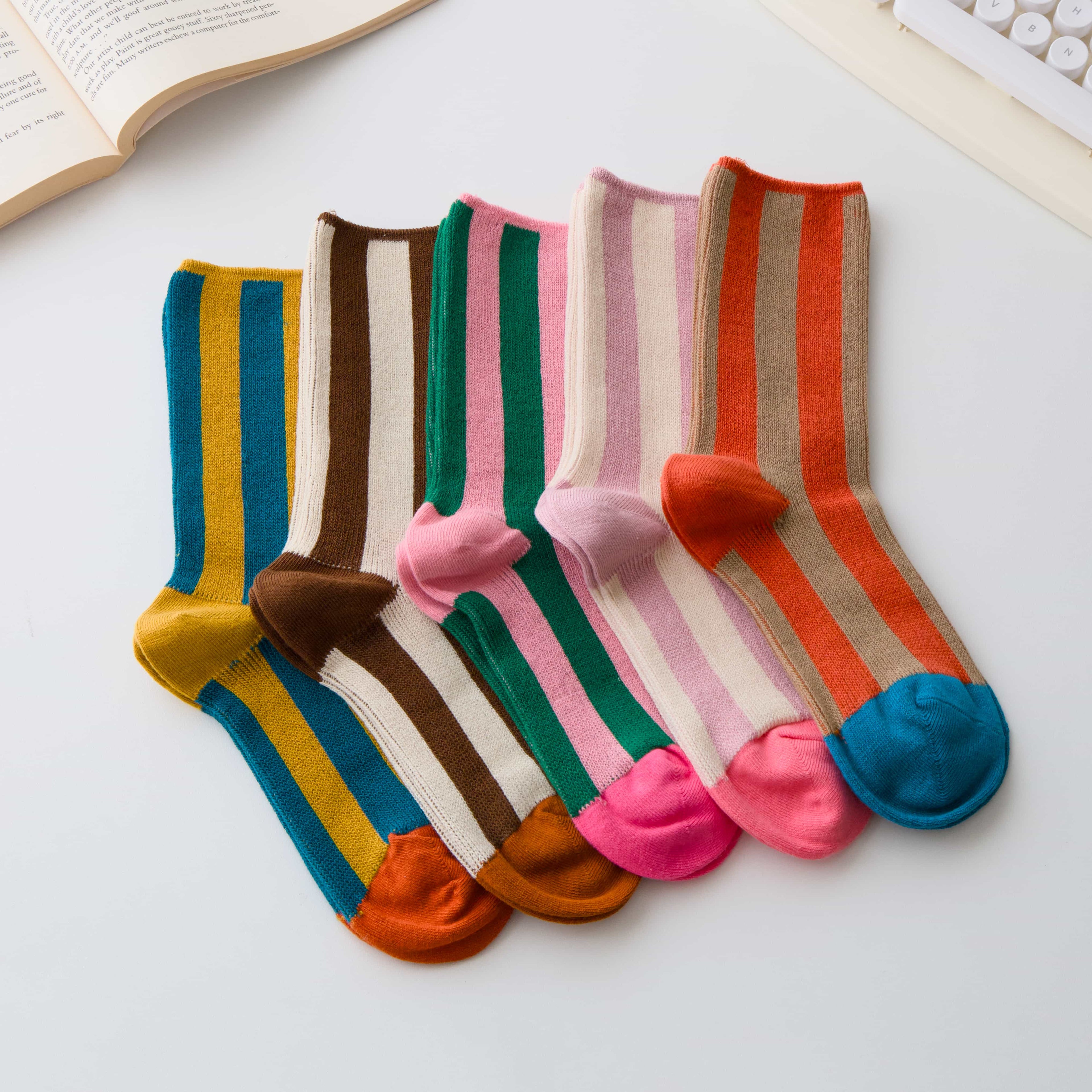 COTTON STRIPE SOCKS, ORANGE & BEIGE