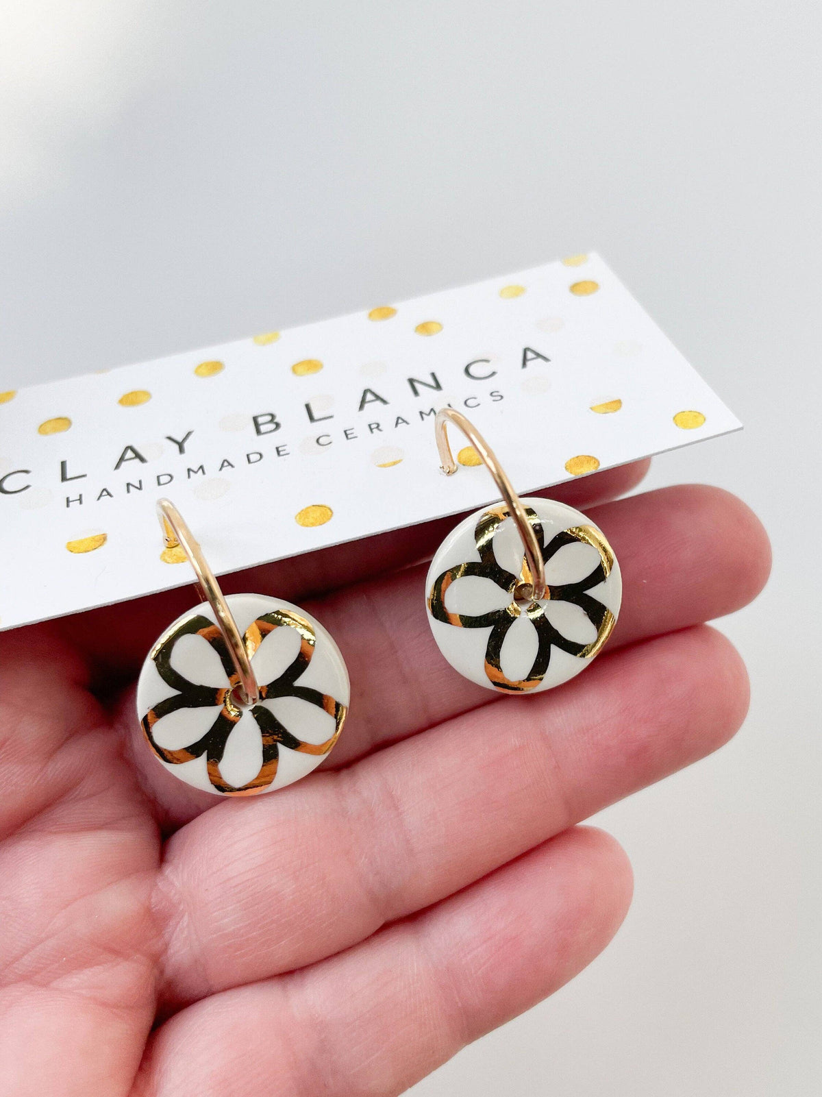 White Porcelain Gold Flower Hoop Earrings