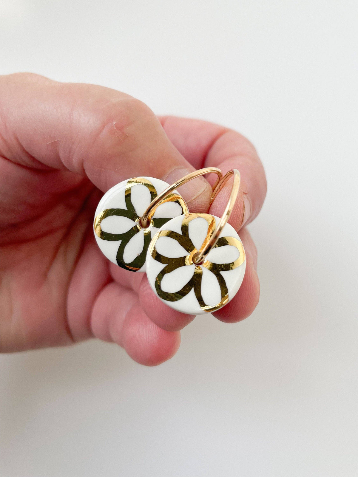 White Porcelain Gold Flower Hoop Earrings