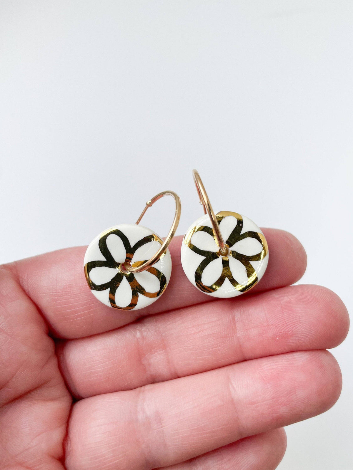 White Porcelain Gold Flower Hoop Earrings