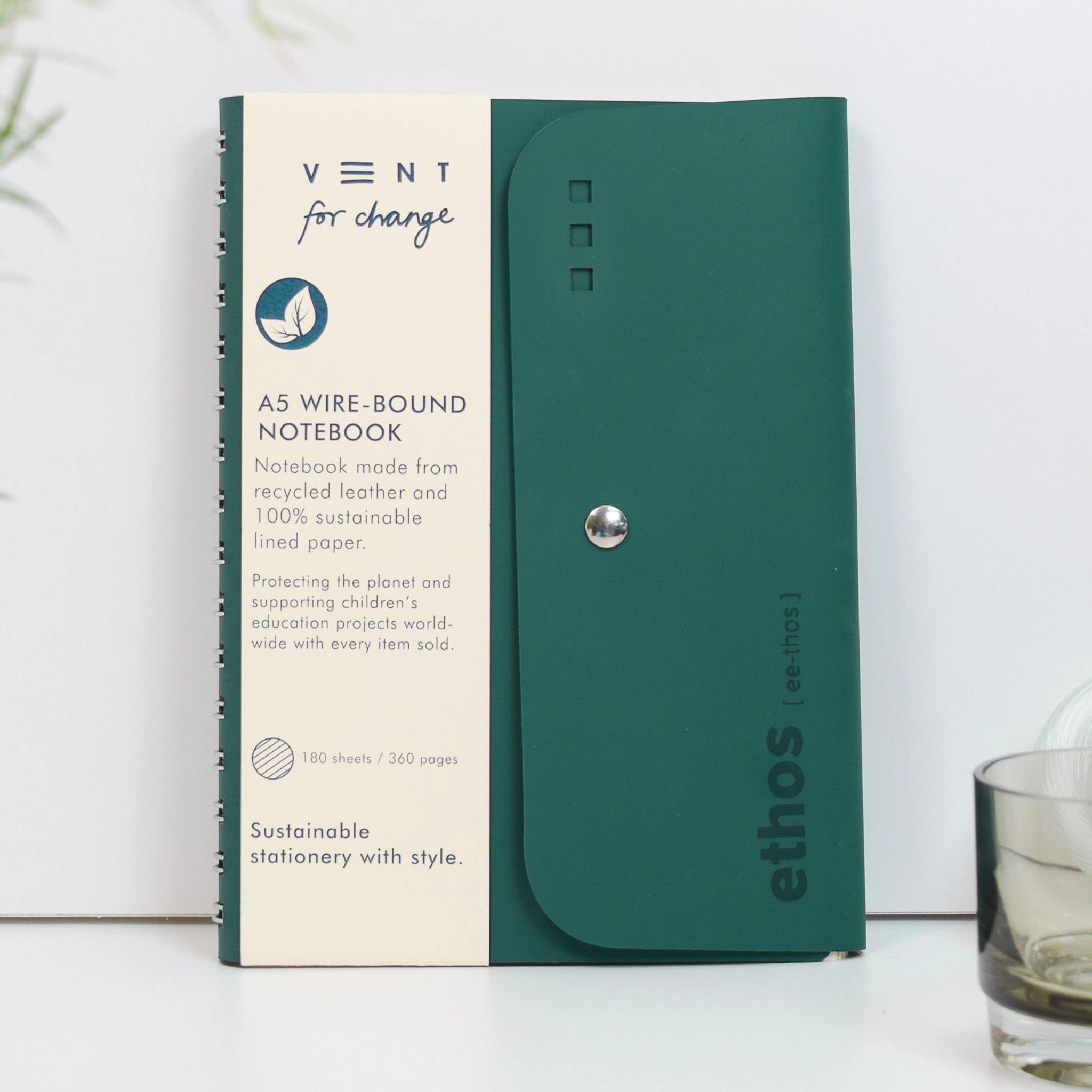 A5 Recycled Leather Wire-Bound Folio - ETHOS Emerald Green