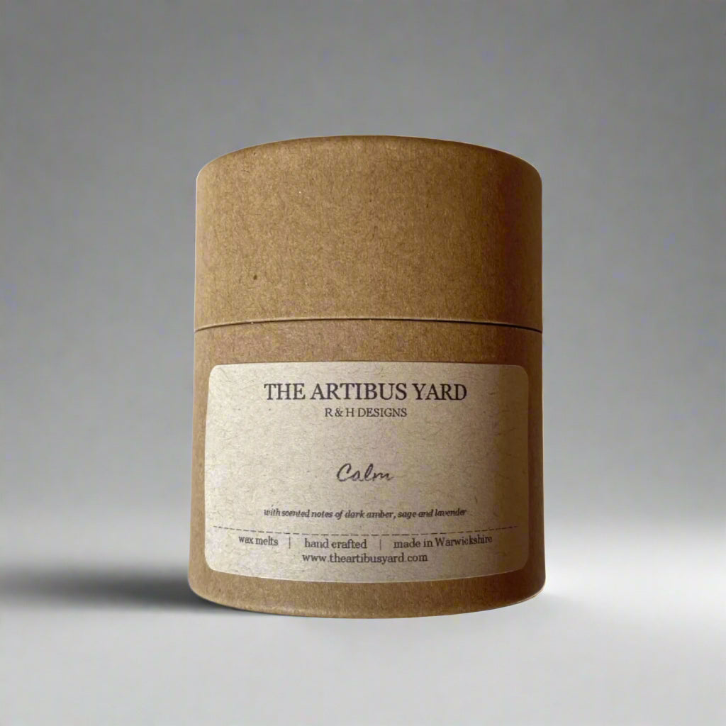 Handcrafted Calm scented wax melts by The Artibus Yard, made in small batches in Warwickshire, with notes of amber, sage and lavender in eco-friendly packaging