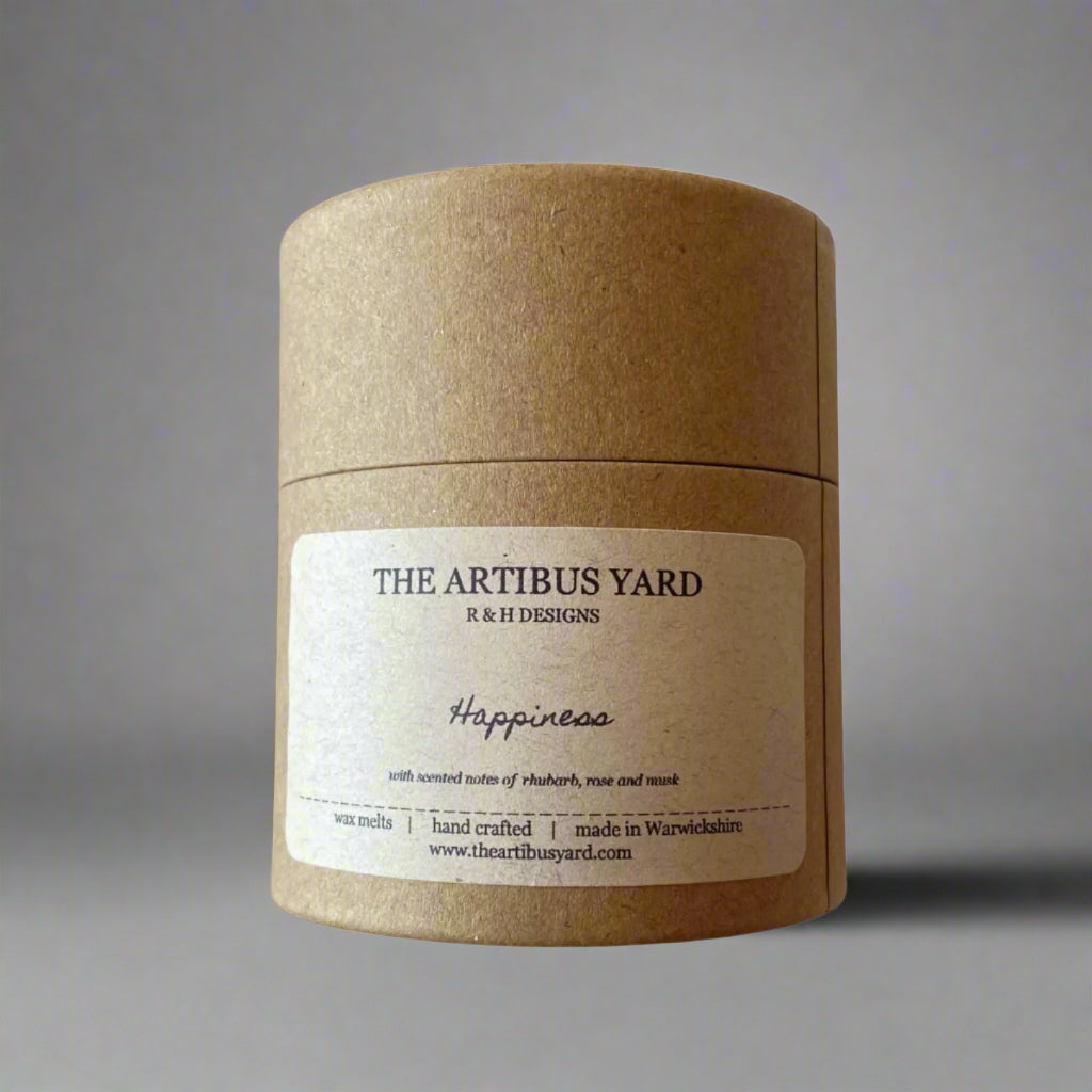 Handcrafted Happiness scented wax melts by The Artibus Yard, made in small batches in Warwickshire, with notes of rhubarb, rose and musk in eco-friendly packaging