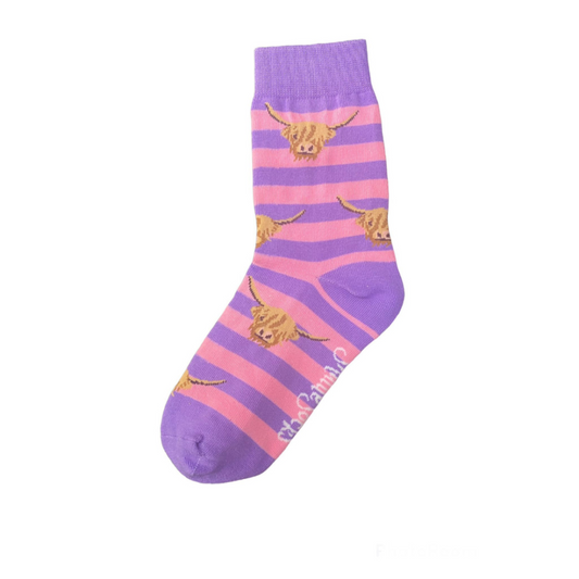 Pink and Purple Kids Highland Cow Socks, Kids UK Size 8.5-12