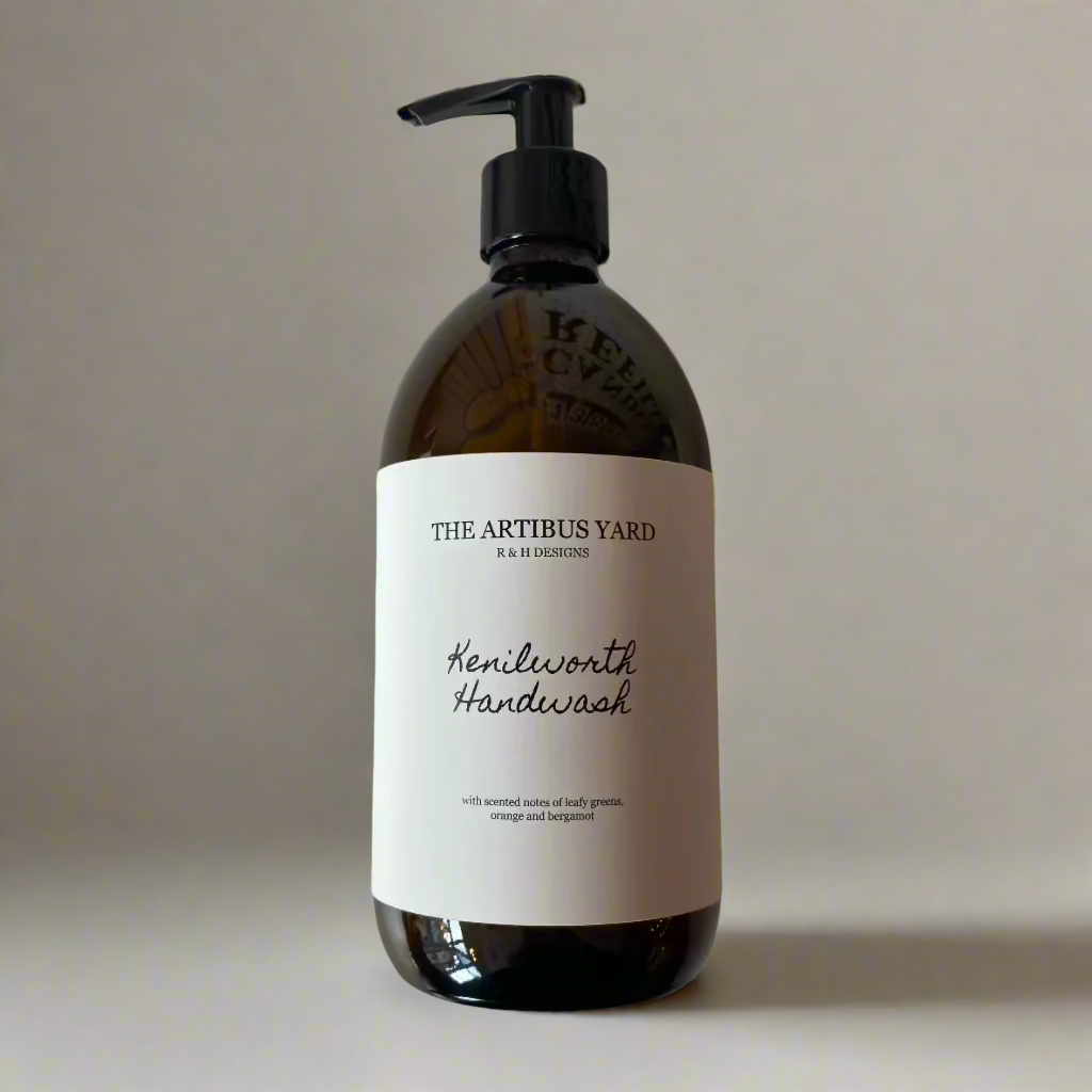 Kenilworth scented handwash by The Artibus Yard, crafted with gentle ingredients and leafy and citrus notes, in an amber glass bottle with pump dispenser.