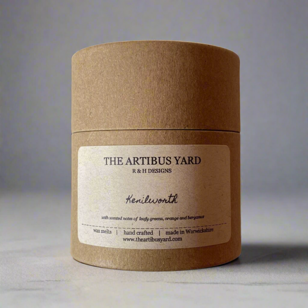 Handcrafted Kenilworth scented wax melts by The Artibus Yard, made in small batches in Warwickshire, with fresh notes of leafy greens, orange, and bergamot in eco-friendly packaging