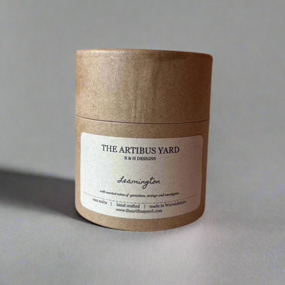 Handcrafted Leamington scented wax melts by The Artibus Yard, made in small batches in Warwickshire, with notes of orange, geranium and eucalyptus in eco-friendly packaging