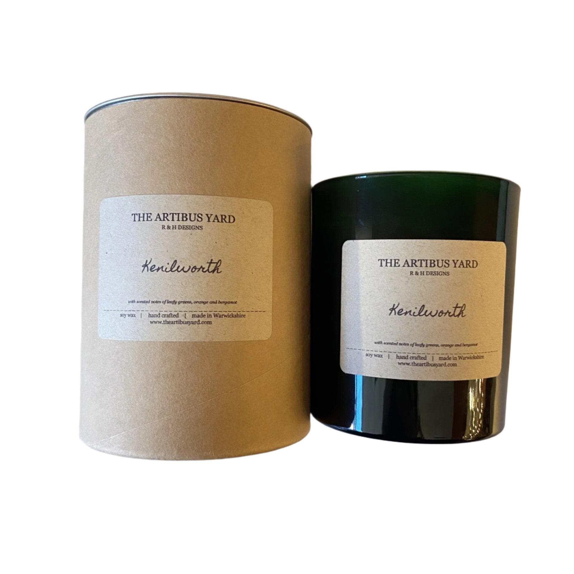 Hand-poured Limited Edition Kenilworth soy wax candle by The Artibus Yard, featuring notes of leafy greens, bergamot and orange; crafted in small batches in Warwickshire and poured into an emerald glass jar.