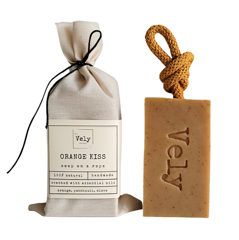This lightly exfoliating natural handmade soap on a rope with turmeric and orange peel powder will enhance your bath routine by enveloping in its fresh and sweet aroma of Orange essential oil with hints of Patchouli and Clove.