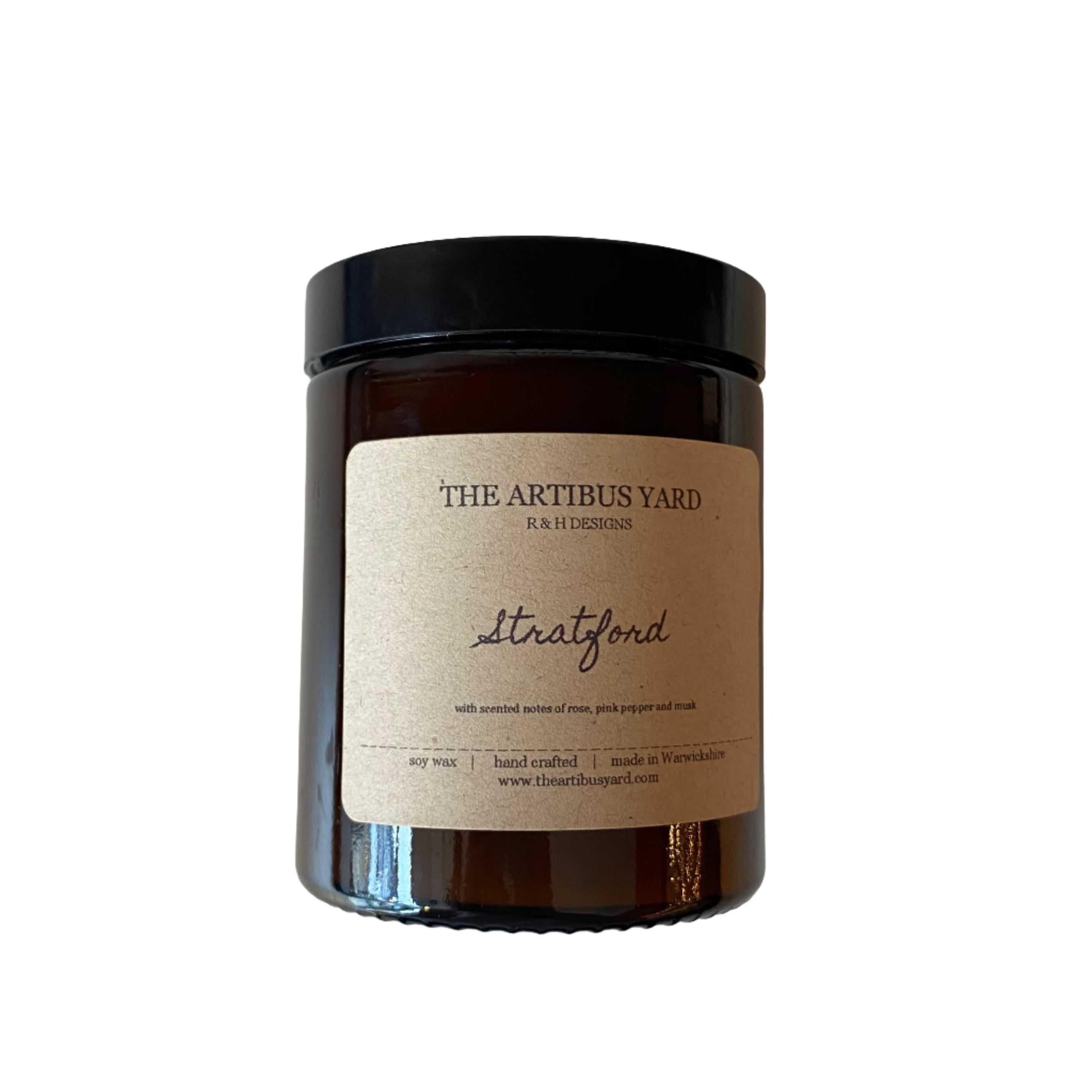 Hand-poured Stratford soy wax candle by The Artibus Yard, featuring notes of rose, pink pepper and musk; crafted in small batches in Warwickshire and poured into a reusable amber glass jar.