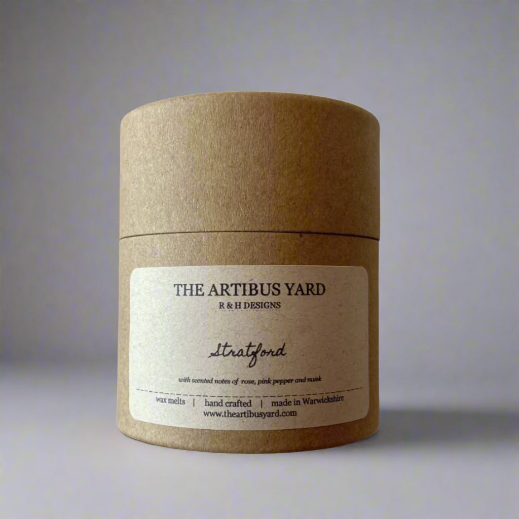 Handcrafted Stratford scented wax melts by The Artibus Yard, made in small batches in Warwickshire, with notes of rose, pink pepper and musk in eco-friendly packaging