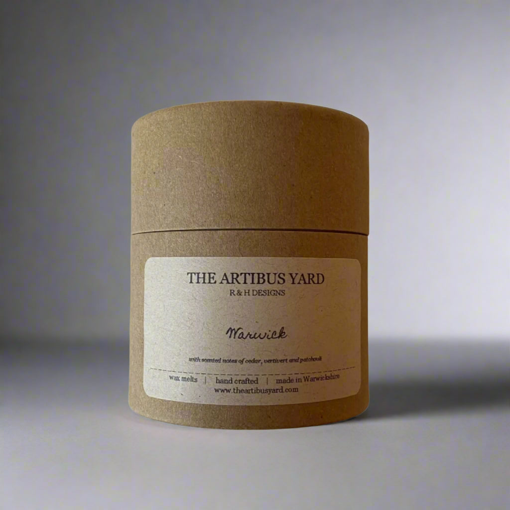 Handcrafted Warwick scented wax melts by The Artibus Yard, made in small batches in Warwickshire, with notes of cedar, vetiver and patchouli in eco-friendly packaging