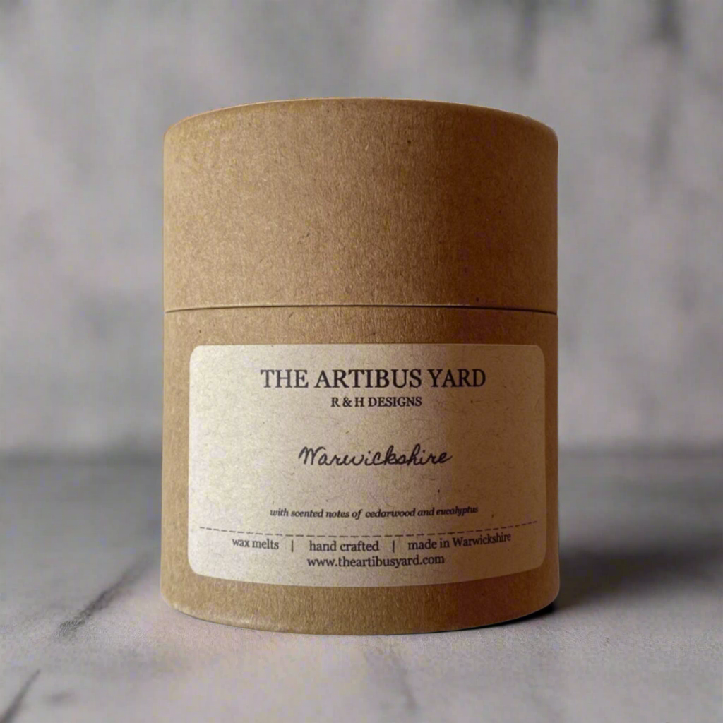 Handcrafted Warwickshire scented wax melts by The Artibus Yard, made in small batches in Warwickshire, with notes of cedar wood and eucalyptus in eco-friendly packaging