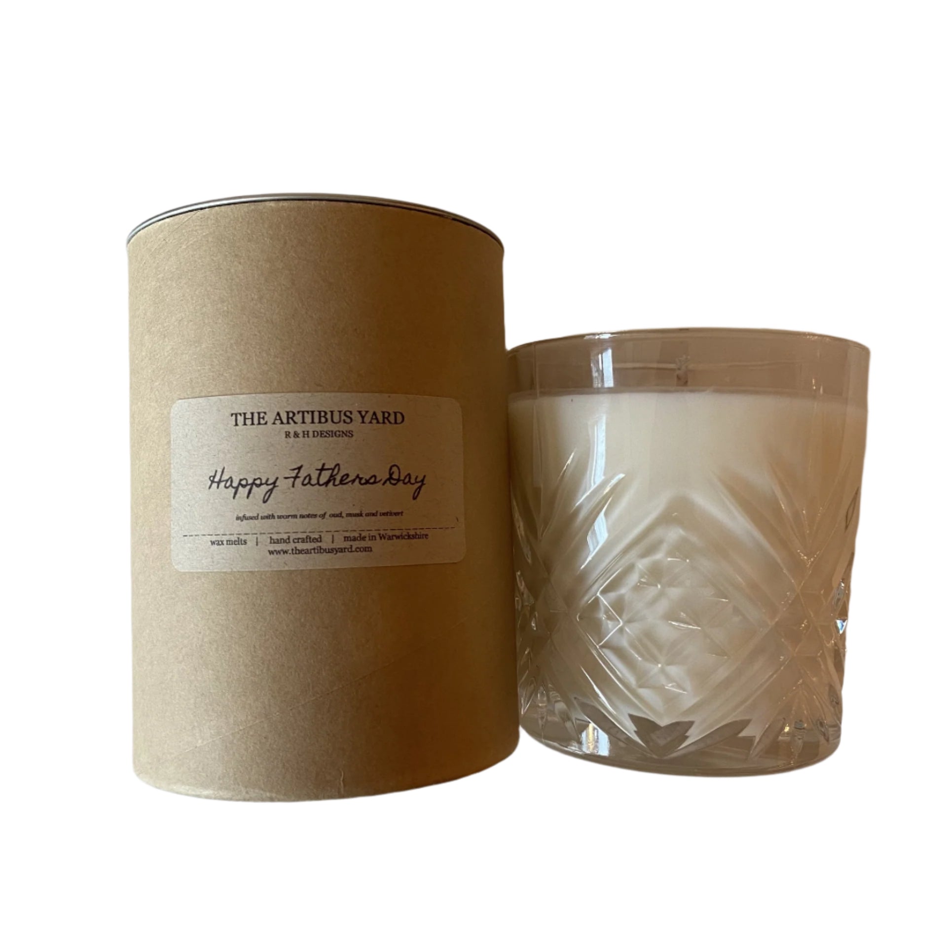 Whiskey Glass Candle by The Artibus Yard, infused with warm notes of oud, vetiver and musk. Gift box included