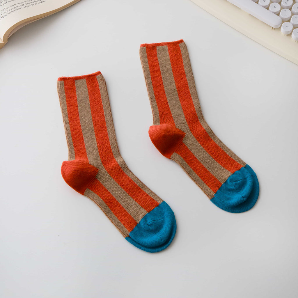 COTTON STRIPE SOCKS, ORANGE & BEIGE