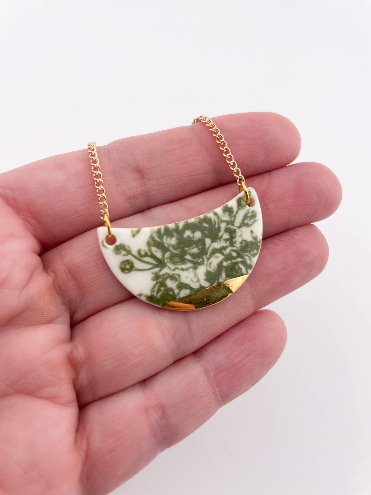 Green China Moon Pendant Necklace with gold tip