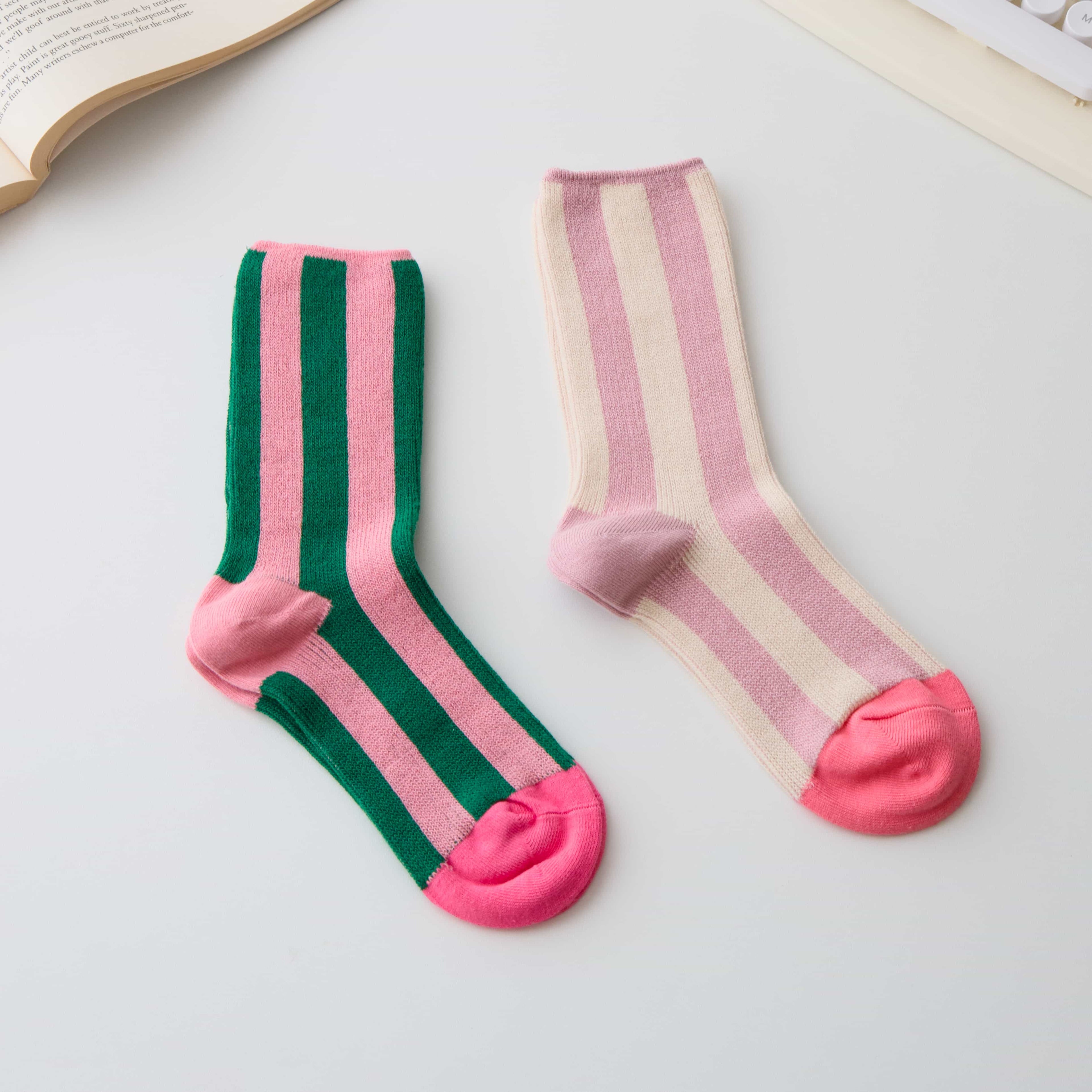 COTTON STRIPE SOCKS, PINK & CREAM