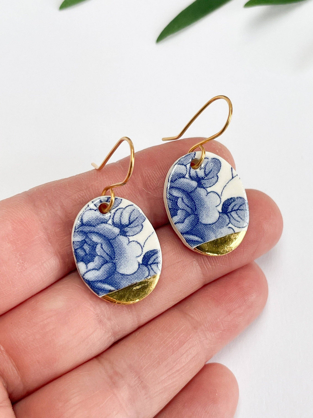 Vintage Blue Delft Porcelain Oval Dangle Earrings