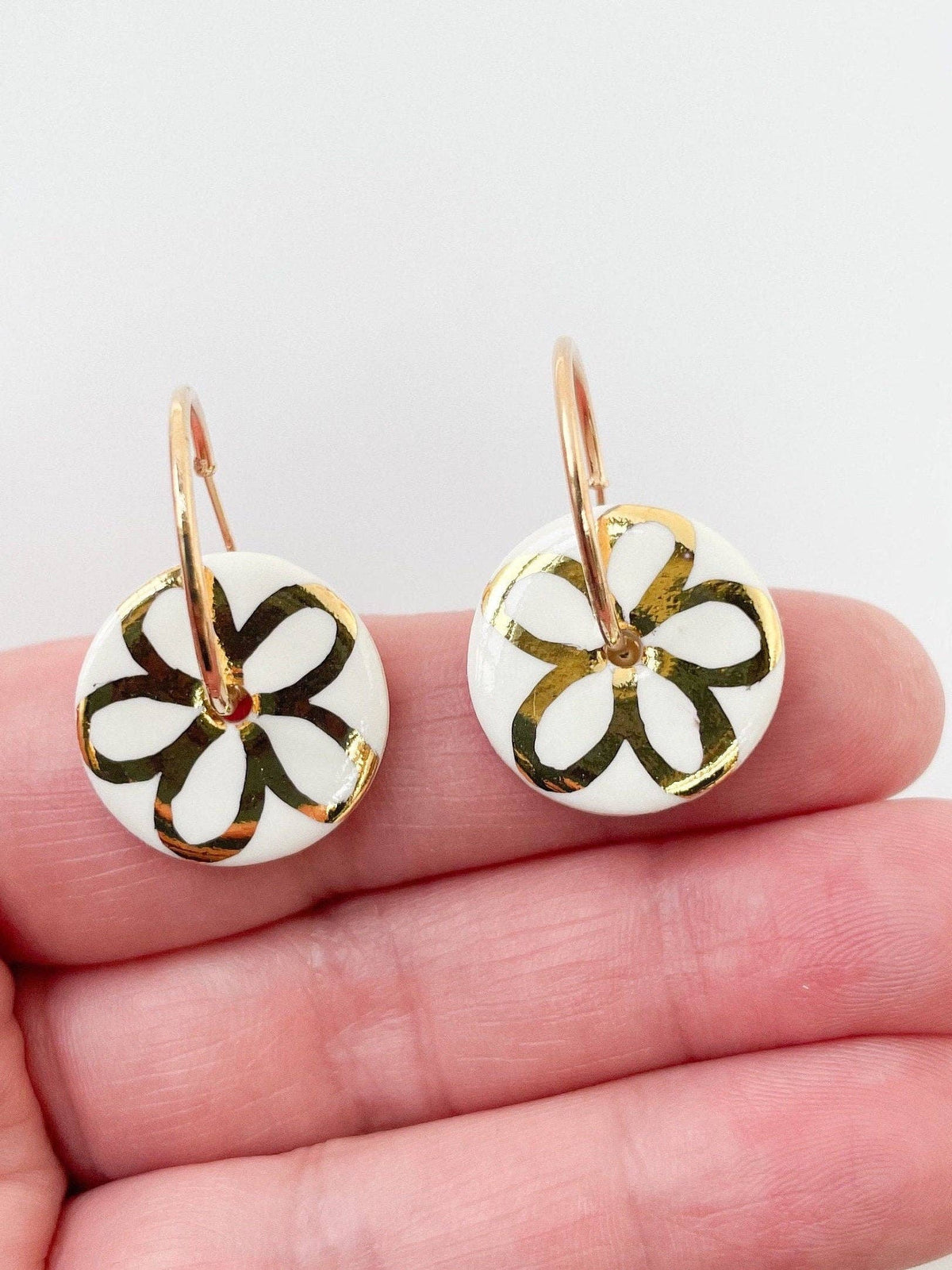 White Porcelain Gold Flower Hoop Earrings
