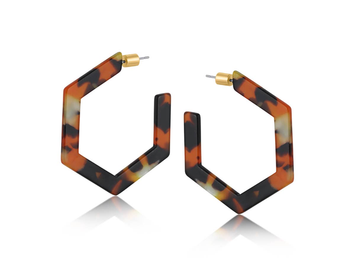 HEXAGON STATEMENT HOOP EARRING, ORANGE/BLACK
