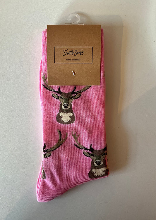 Pink Stag Crew Socks, UK Size 8-12
