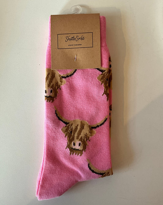 Pink Highland Cow Crew Socks, UK Size 8-12