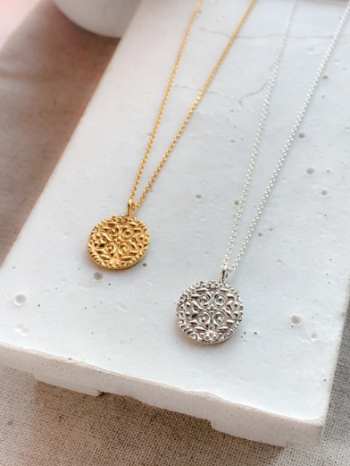 Myleti, Handmade Vintage Embossed Coin Pendant Necklace, Silver