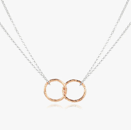 Double Meteorite Ring Necklace Silver & Rose Gold