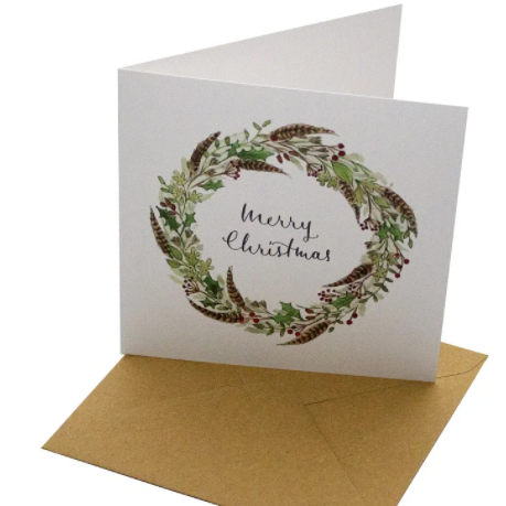 Christmas Greeting Card, Feather Wreath