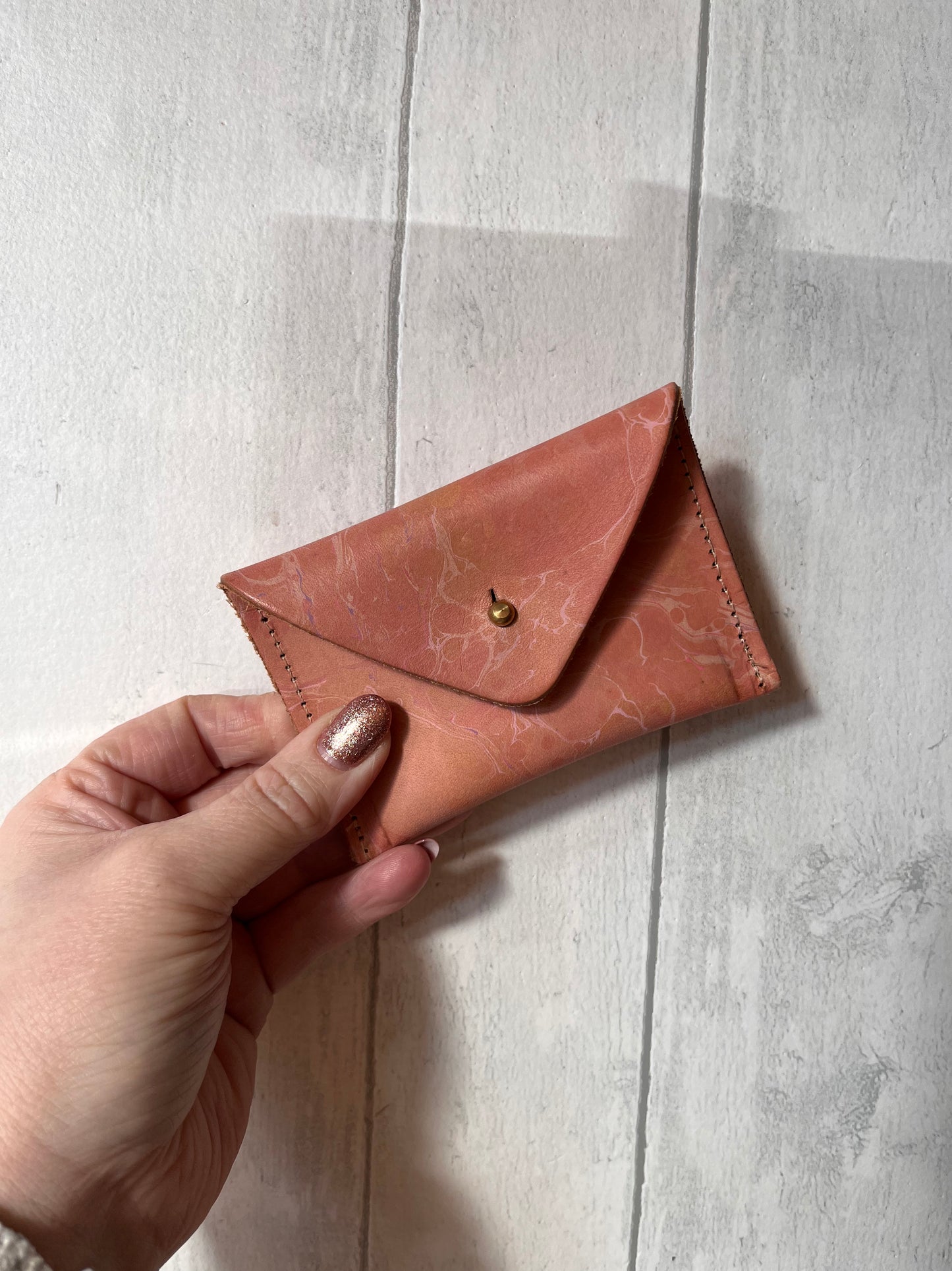 Handmade Leather Mini Envelope Purse, Pink Marble