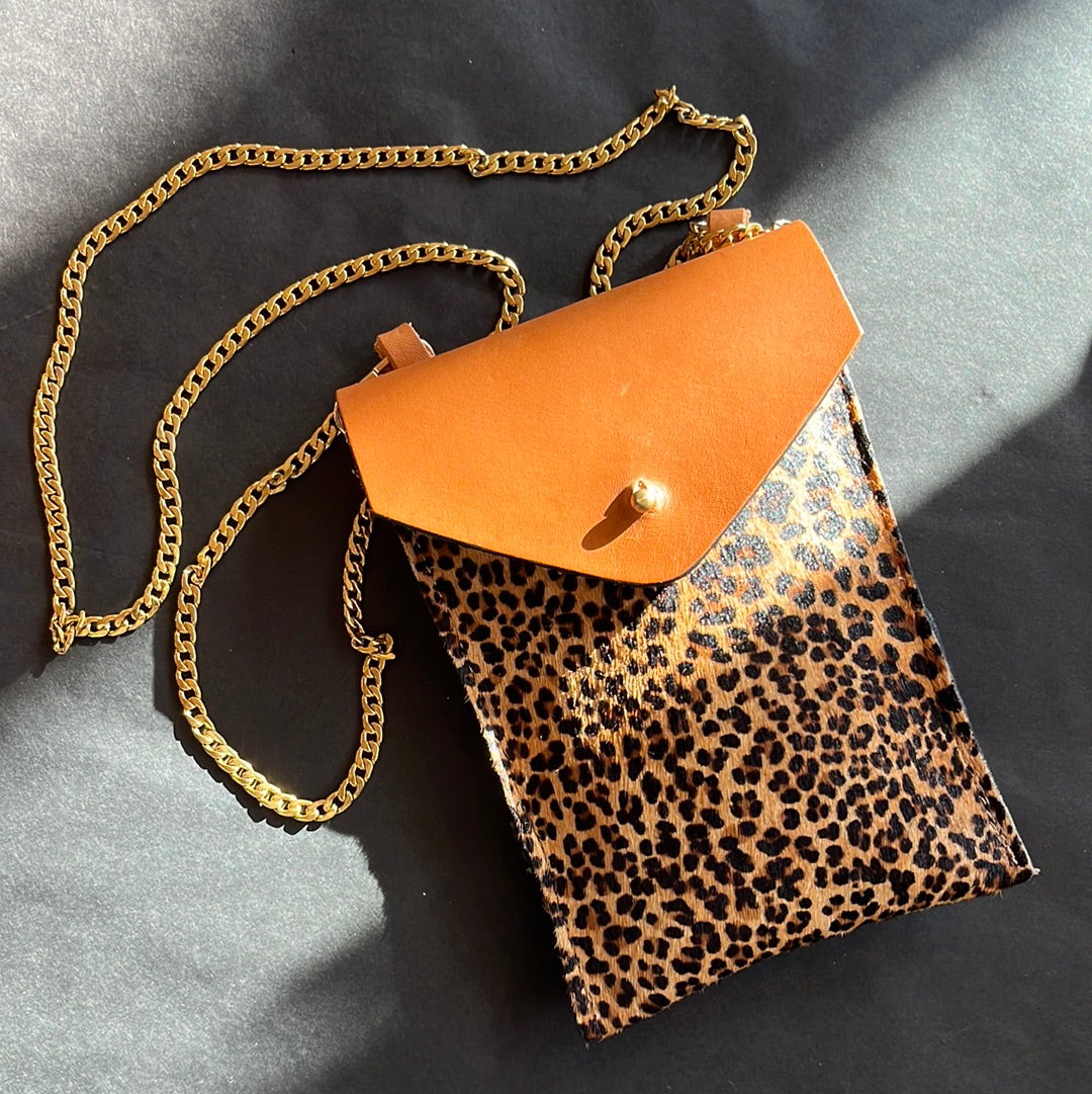 Handmade Leather Phone Cross-body Bag, Tan/Print